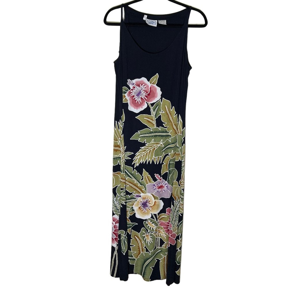 Floral Maxi Dress - Black with Pink and Green Accents